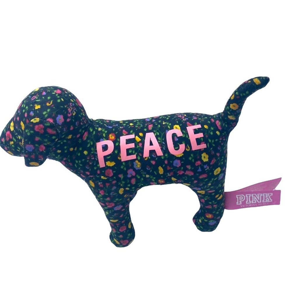 PINK Victoria’s Secret PEACE Spellout Black Floral Dog Stuffed Animal Plush 8”